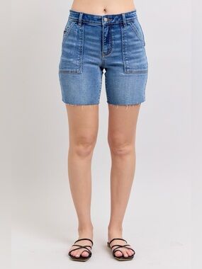 Judy Blue Full Size Mid Rise Bermudas Denim Shorts W/ Back Flap Pockets